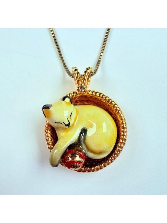 Jewelry - Franklin Mint Diamond Enamel Cat Sterling Silver 925 Vermeil VTG Necklace 1989